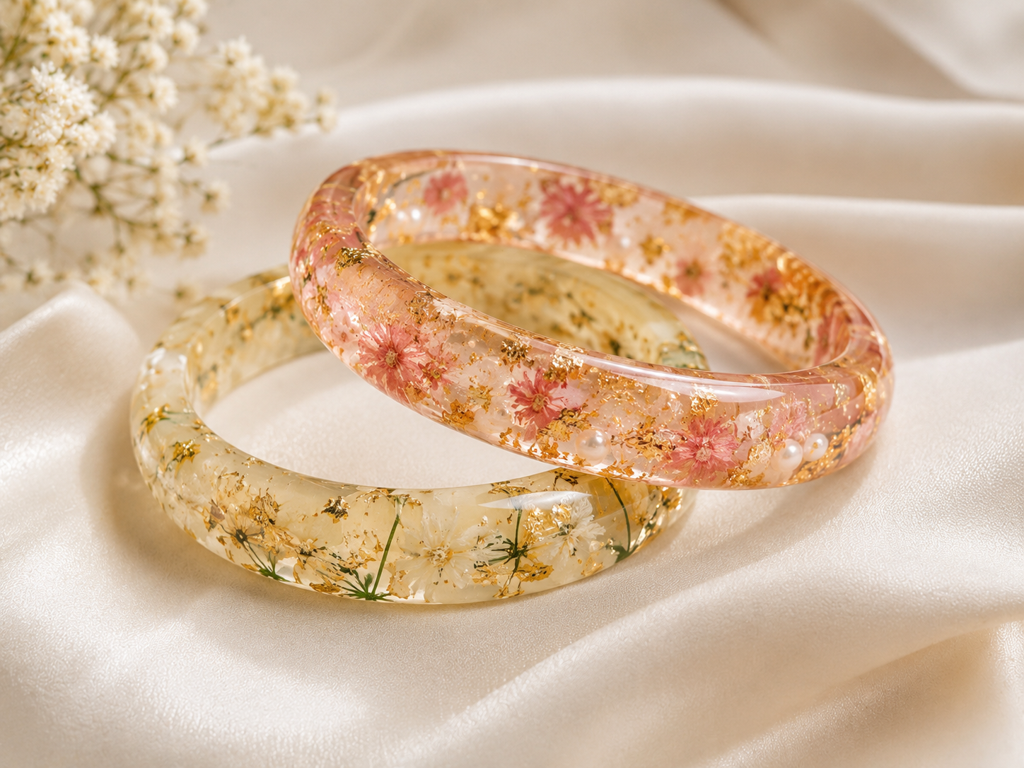 Handmade Resin Floral Bangle Set of 2 | Dried Flower & Gold Flakes Bangles for Women