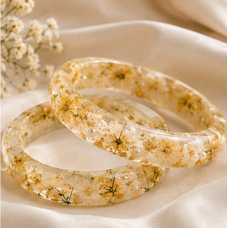 Handmade Green Floral Resin Bangles Set of 2 | Dried Flower & Gold Flakes Bangles for Women