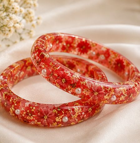 Handmade Green Floral Resin Bangles Set of 2 | Dried Flower & Gold Flakes Bangles for Women
