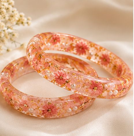 Handmade Green Floral Resin Bangles Set of 2 | Dried Flower & Gold Flakes Bangles for Women