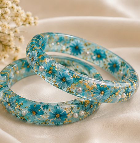 Handmade Green Floral Resin Bangles Set of 2 | Dried Flower & Gold Flakes Bangles for Women